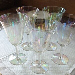 Fostoria Mother Of Pearl 1930's Blown Glass Irridescent Set Of 5 Water Goblets